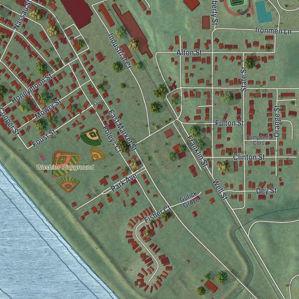 Second close-up of the map of Danville, Pennsylvania print showing more streets and buildings