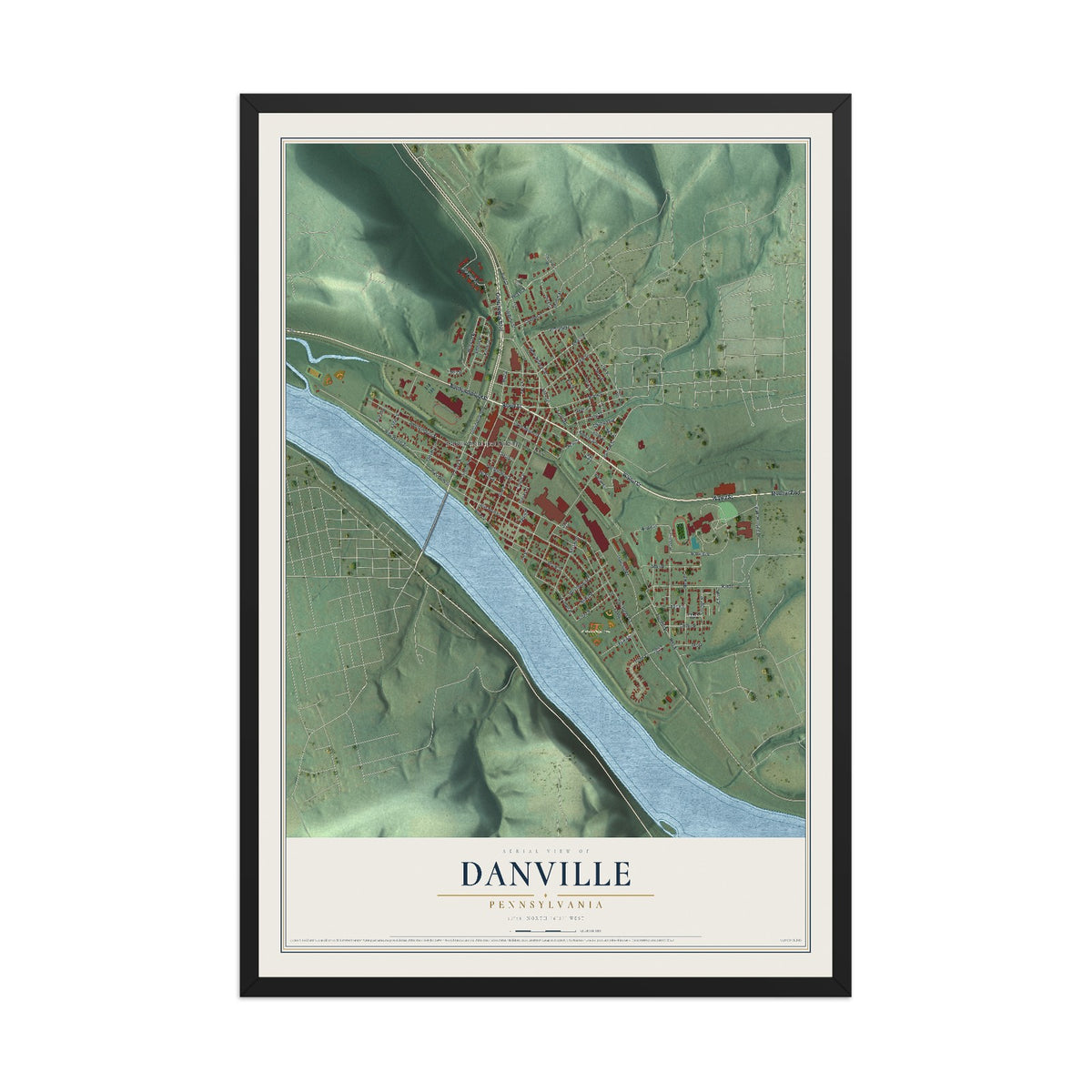 Map of Danville, Pennsylvania, 12 x 18 inch print in a black wood frame