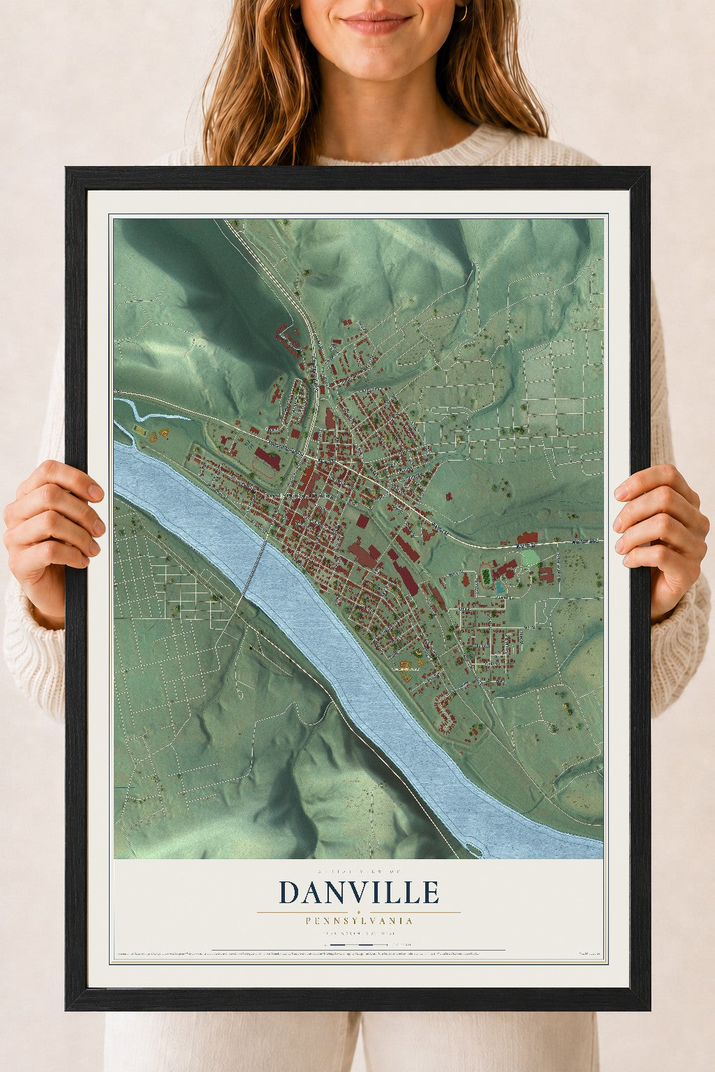 Map of Danville, Pennsylvania, 18 x 24 inch print in a black wood frame