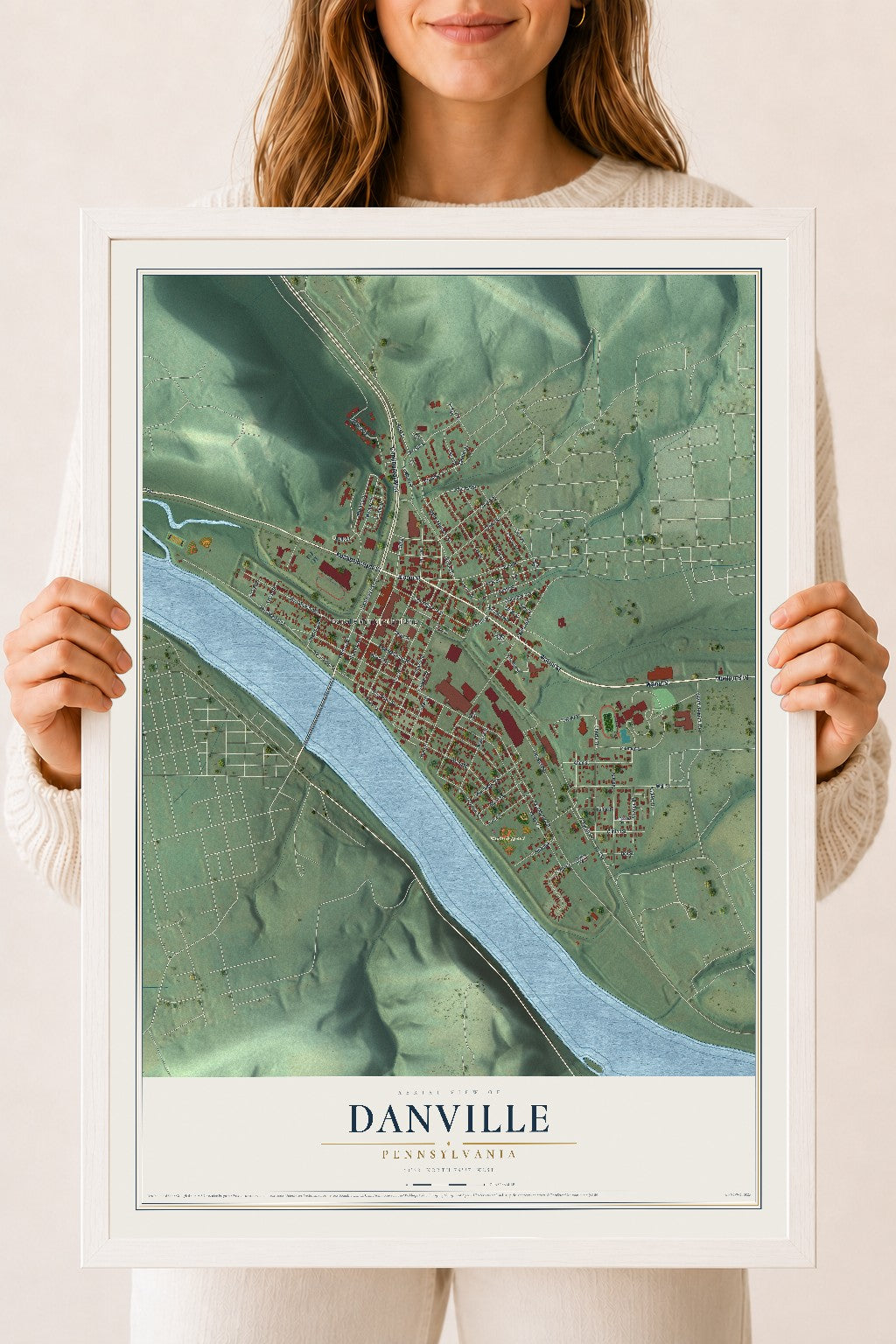 Map of Danville, Pennsylvania, 18 x 24 inch print in a white wood frame