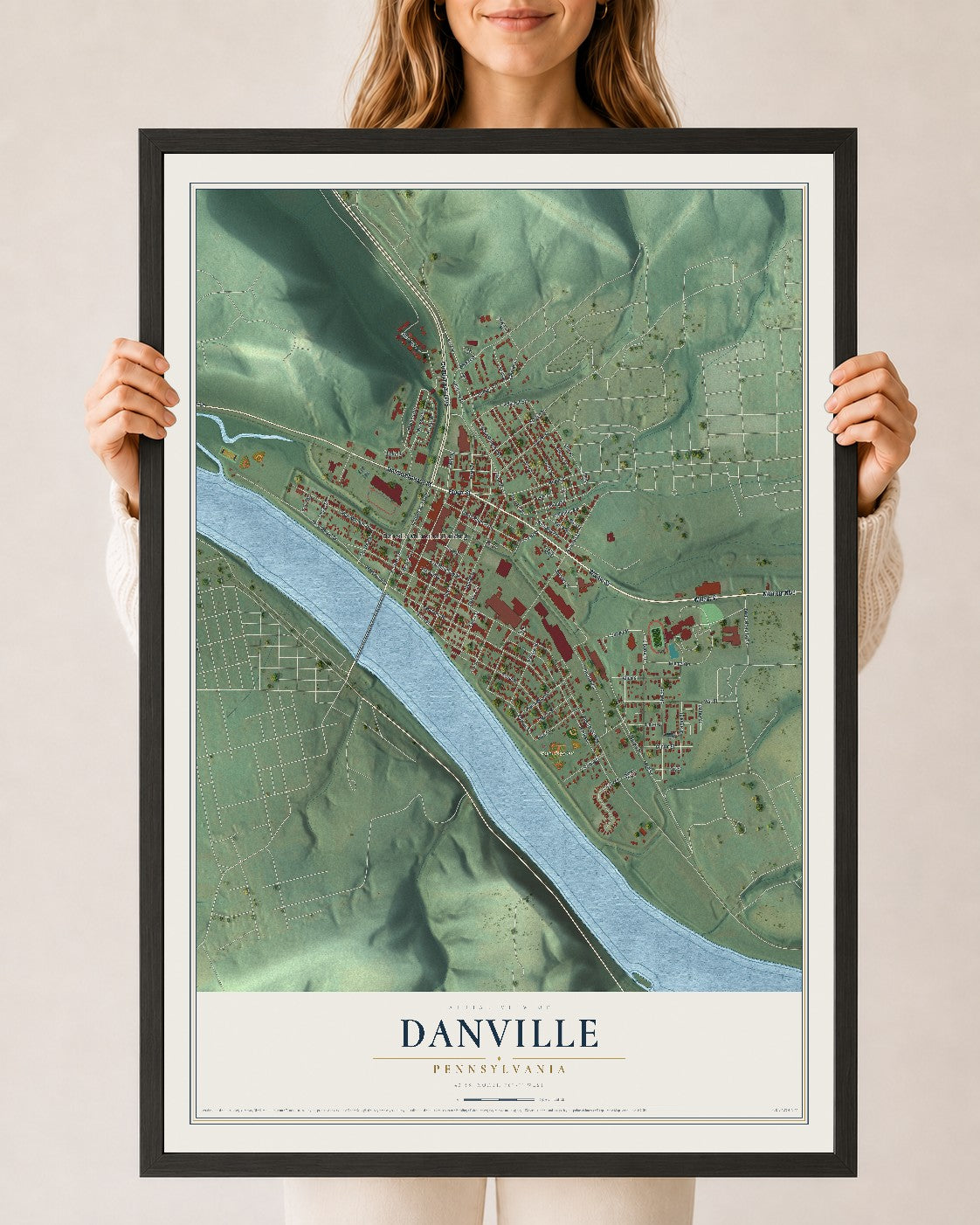 Map of Danville, Pennsylvania, 24 x 36 inch print in a black wood frame