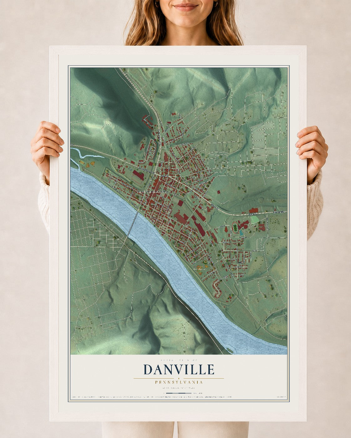 Map of Danville, Pennsylvania, 24 x 36 inch print in a white wood frame