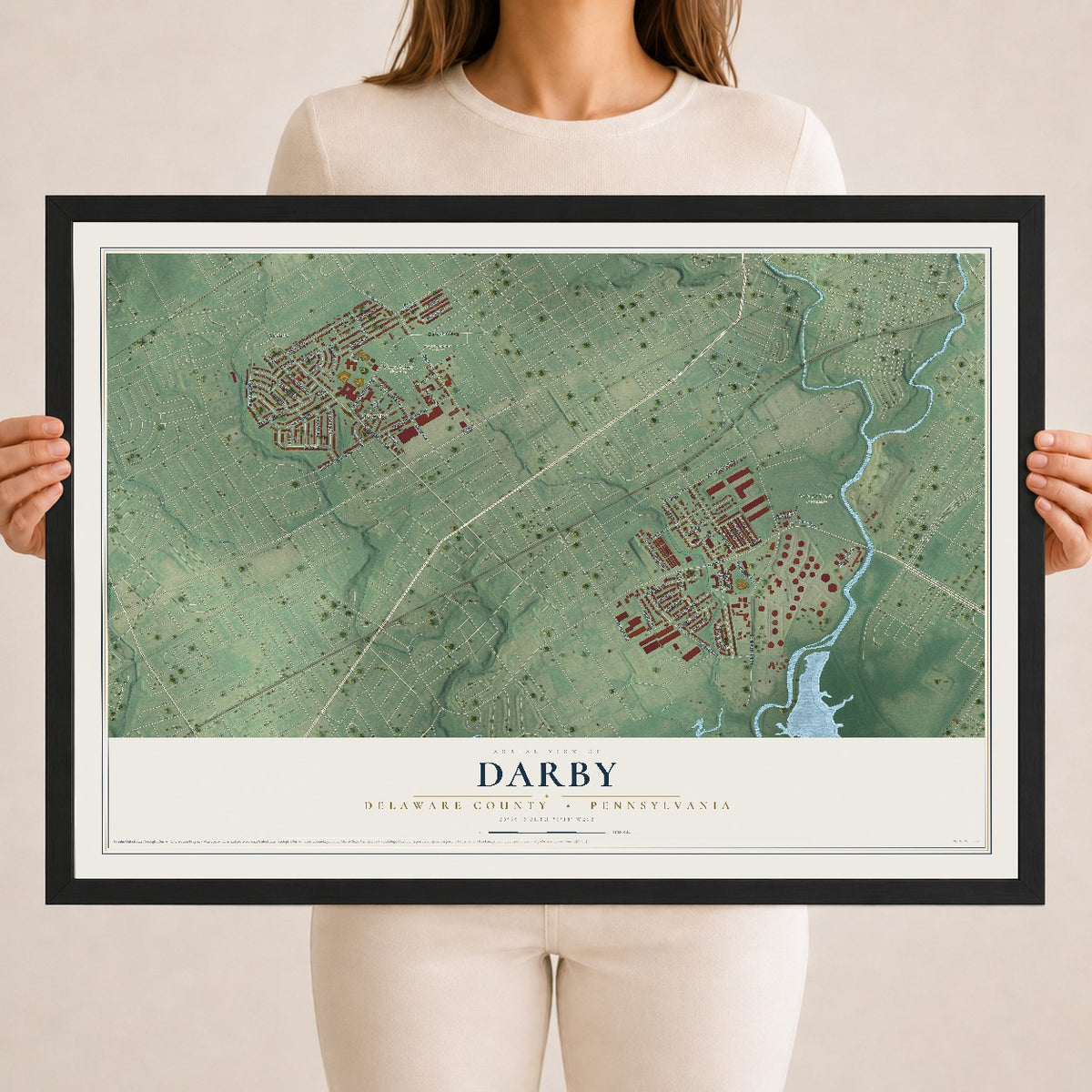 Map of Darby, Delaware County, Pennsylvania, 18 x 24 inch print in a black wood frame