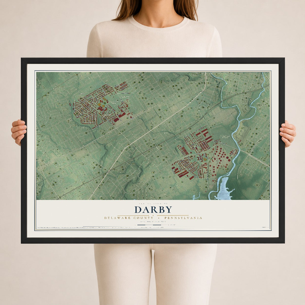 Map of Darby, Delaware County, Pennsylvania, 24 x 36 inch print in a black wood frame