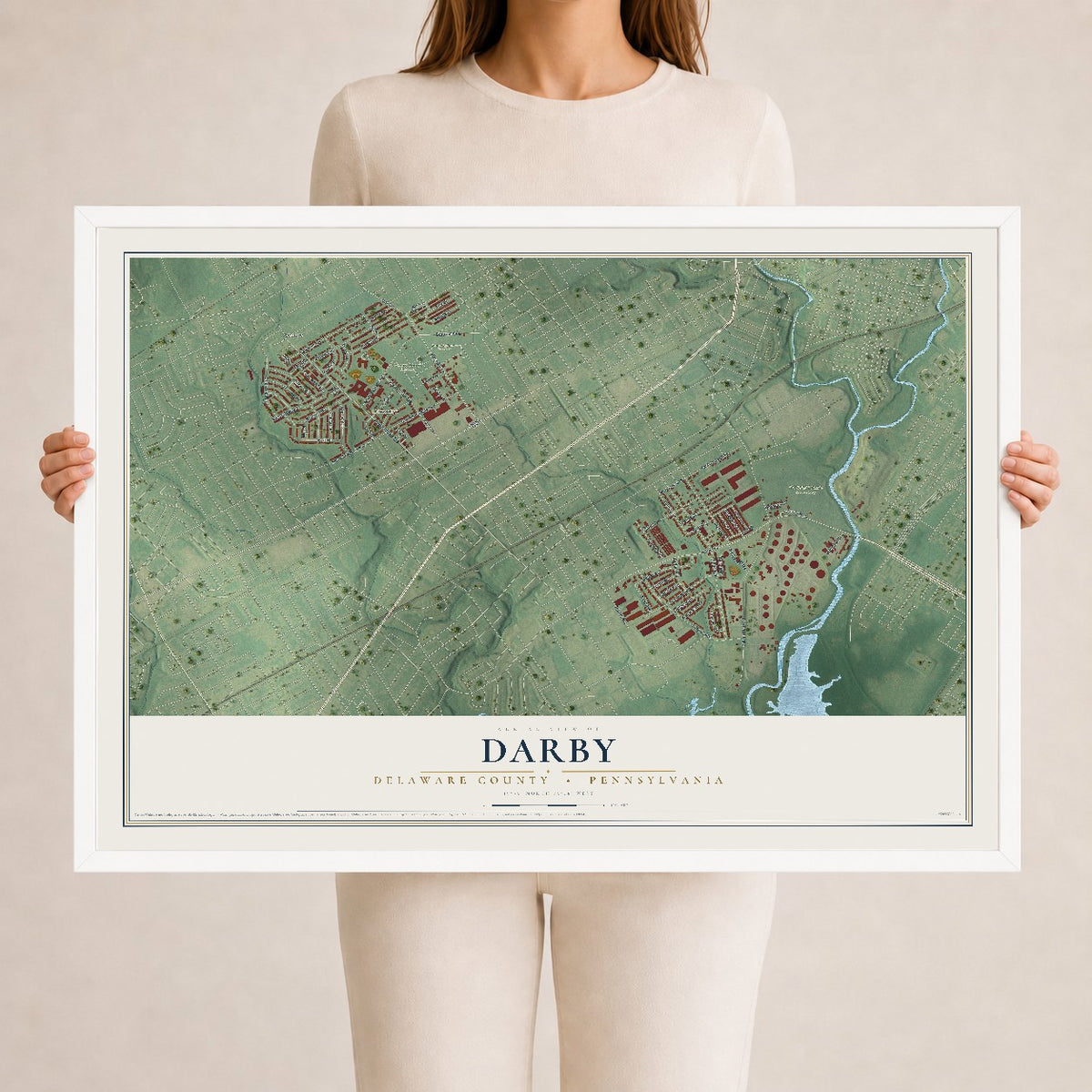 Map of Darby, Delaware County, Pennsylvania, 24 x 36 inch print in a white wood frame