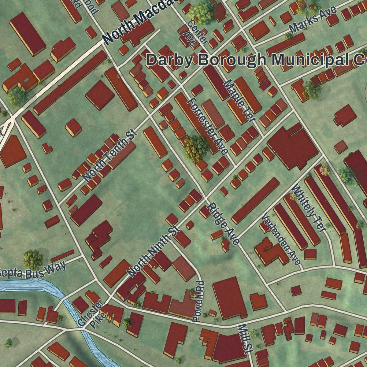 Second close-up of the map of the Borough of Darby, Delaware County, Pennsylvania print showing more streets and buildings