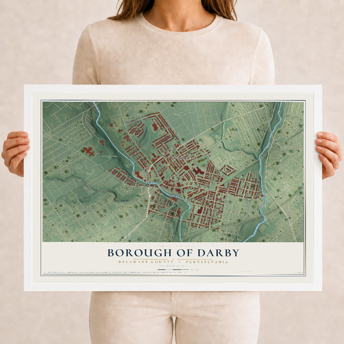 Map of the Borough of Darby, Delaware County, Pennsylvania, 12 x 18 inch print in a white wood frame