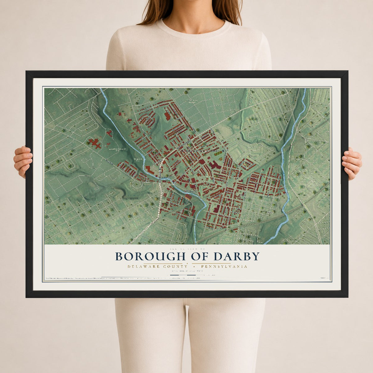 Map of the Borough of Darby, Delaware County, Pennsylvania, 24 x 36 inch print in a black wood frame