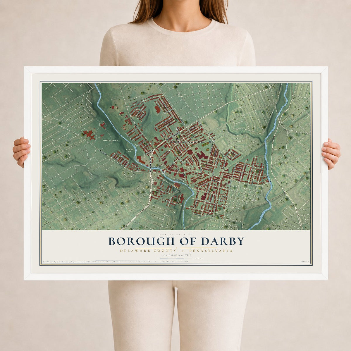 Map of the Borough of Darby, Delaware County, Pennsylvania, 24 x 36 inch print in a white wood frame