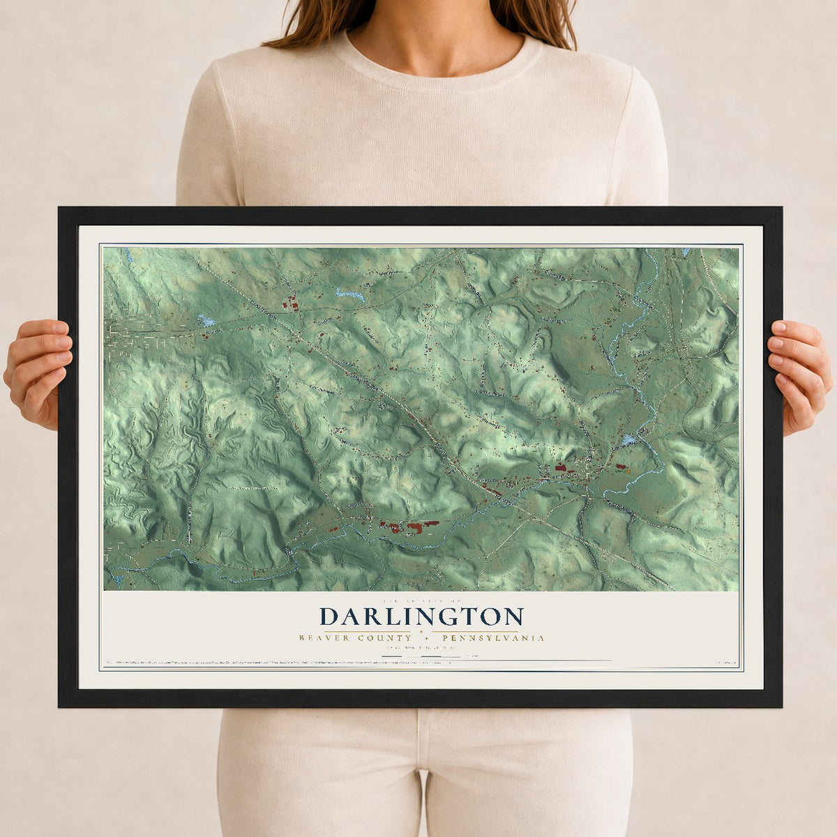 Map of Darlington, Beaver County, Pennsylvania, 12 x 18 inch print in a black wood frame