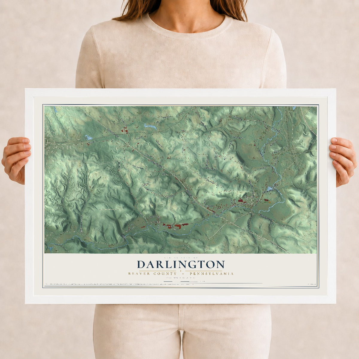 Map of Darlington, Beaver County, Pennsylvania, 12 x 18 inch print in a white wood frame