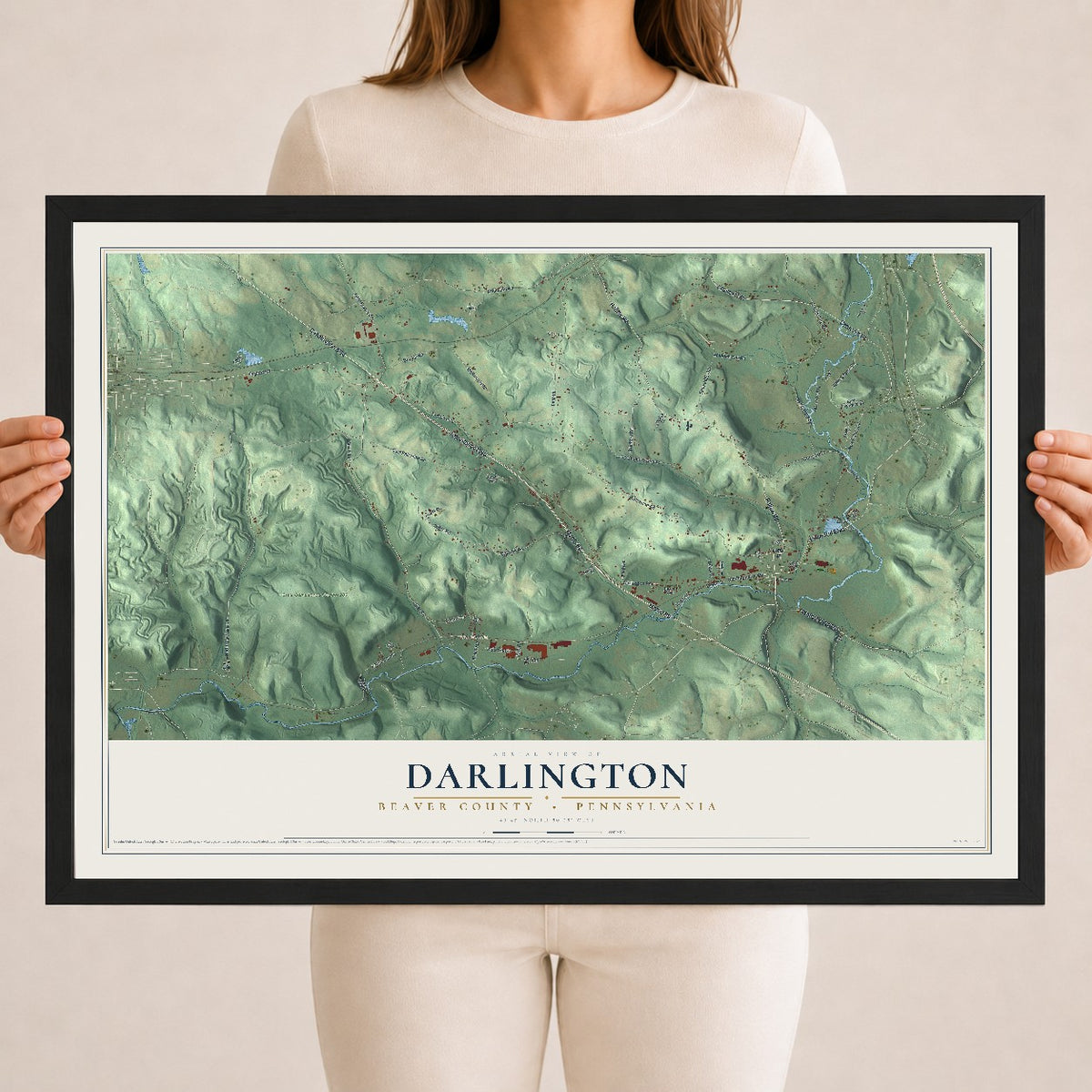 Map of Darlington, Beaver County, Pennsylvania, 18 x 24 inch print in a black wood frame
