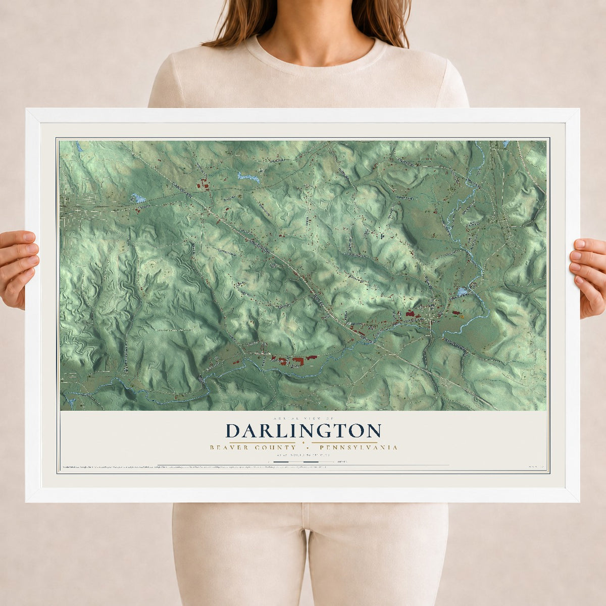 Map of Darlington, Beaver County, Pennsylvania, 18 x 24 inch print in a white wood frame