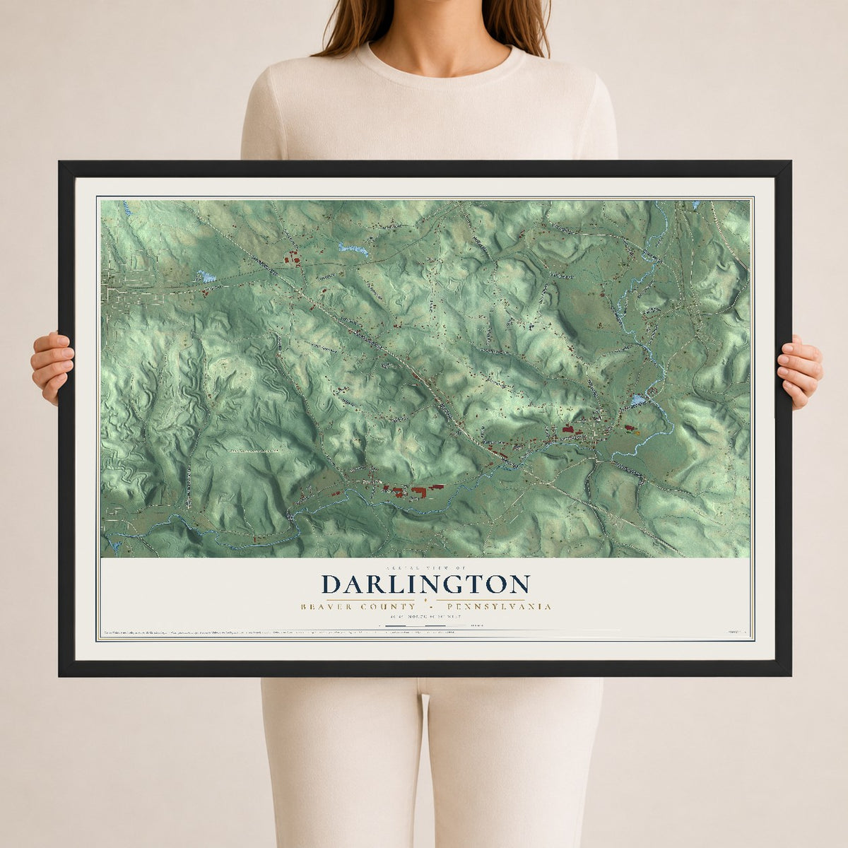 Map of Darlington, Beaver County, Pennsylvania, 24 x 36 inch print in a black wood frame