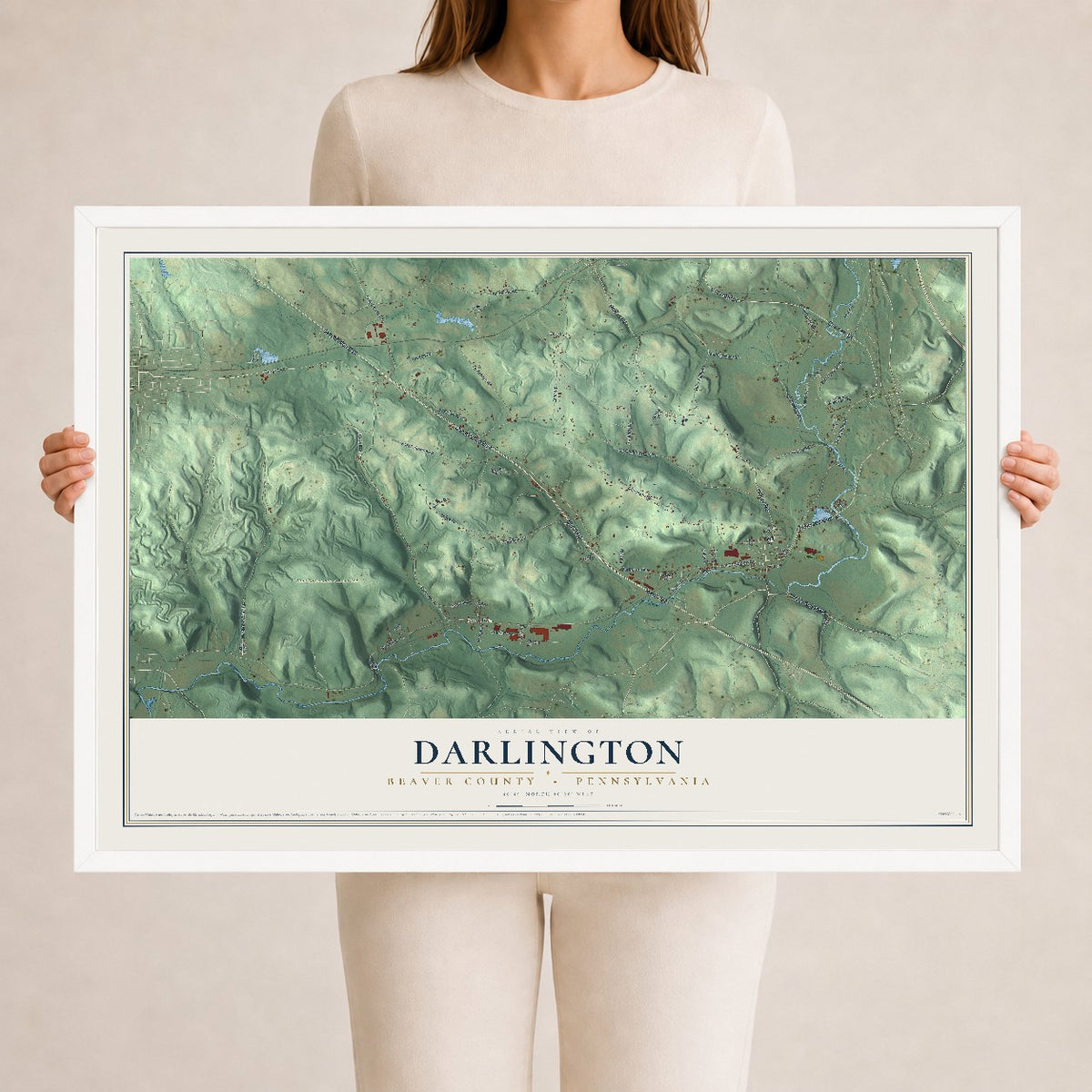 Map of Darlington, Beaver County, Pennsylvania, 24 x 36 inch print in a white wood frame