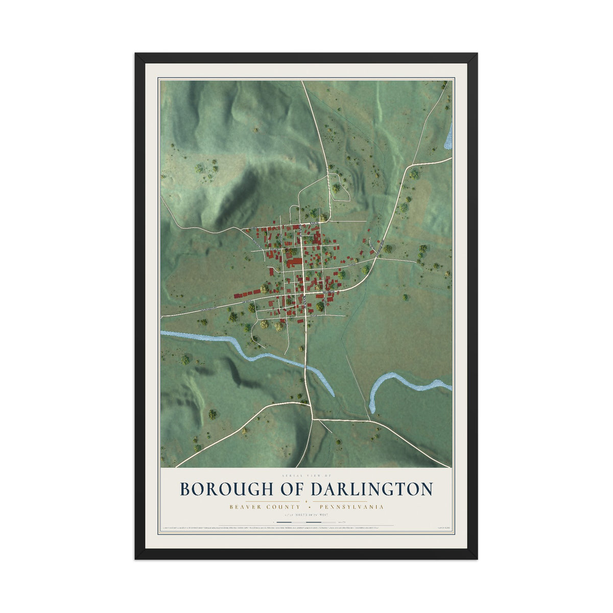 Map of the Borough of Darlington, Beaver County, Pennsylvania, 12 x 18 inch print in a black wood frame