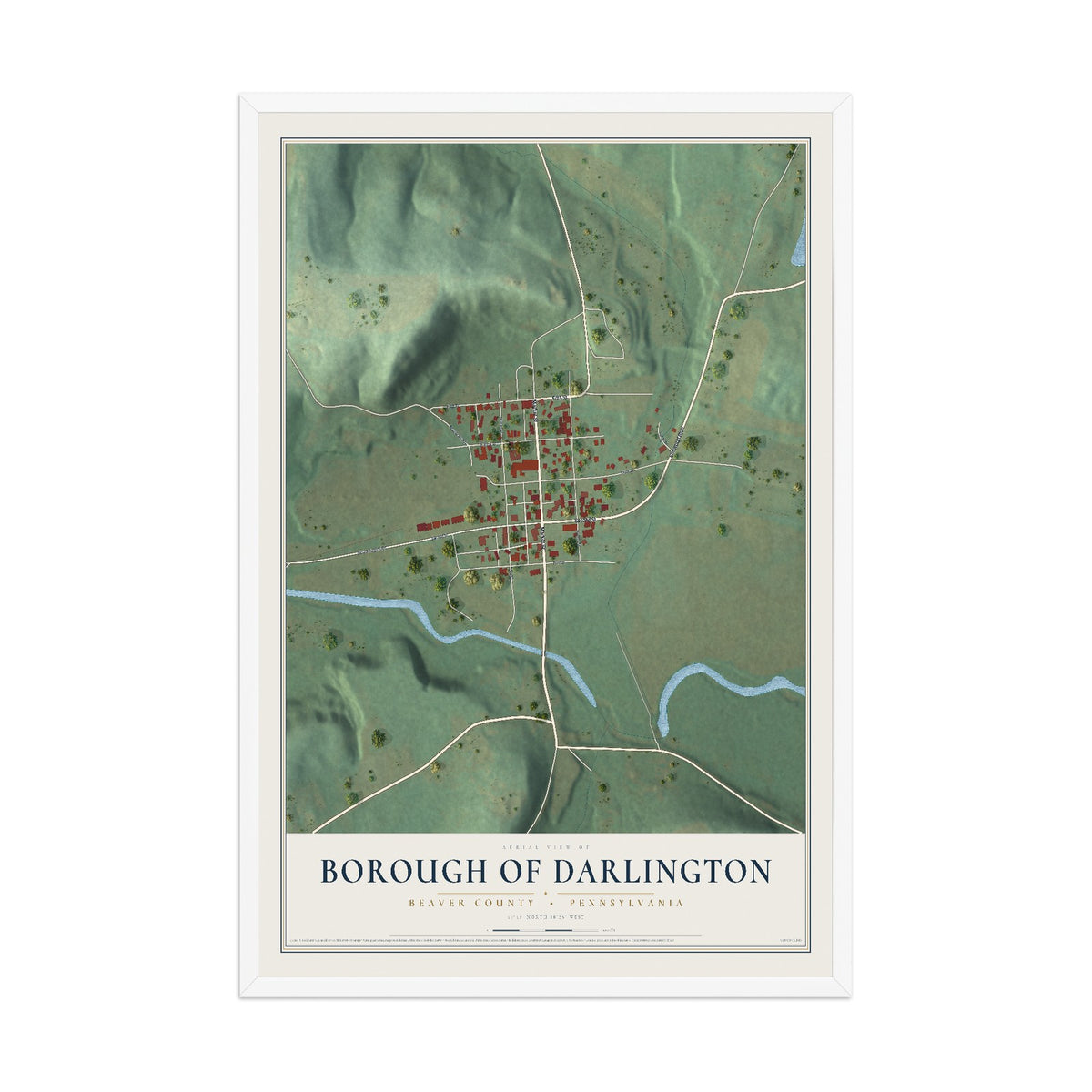 Map of the Borough of Darlington, Beaver County, Pennsylvania, 12 x 18 inch print in a white wood frame