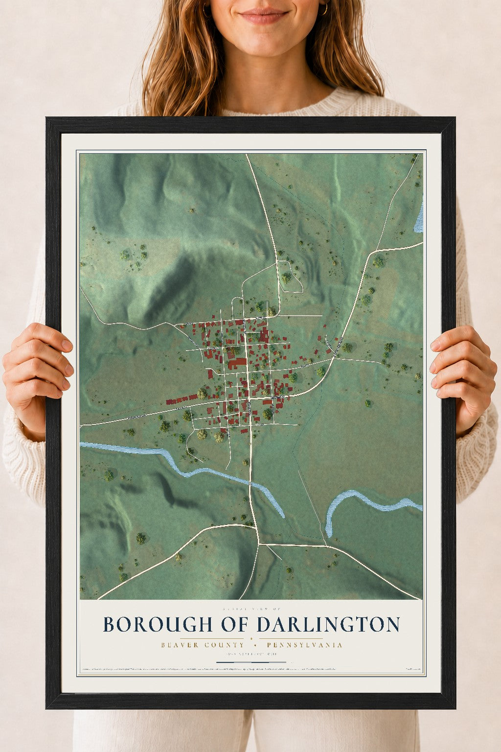 Map of the Borough of Darlington, Beaver County, Pennsylvania, 18 x 24 inch print in a black wood frame