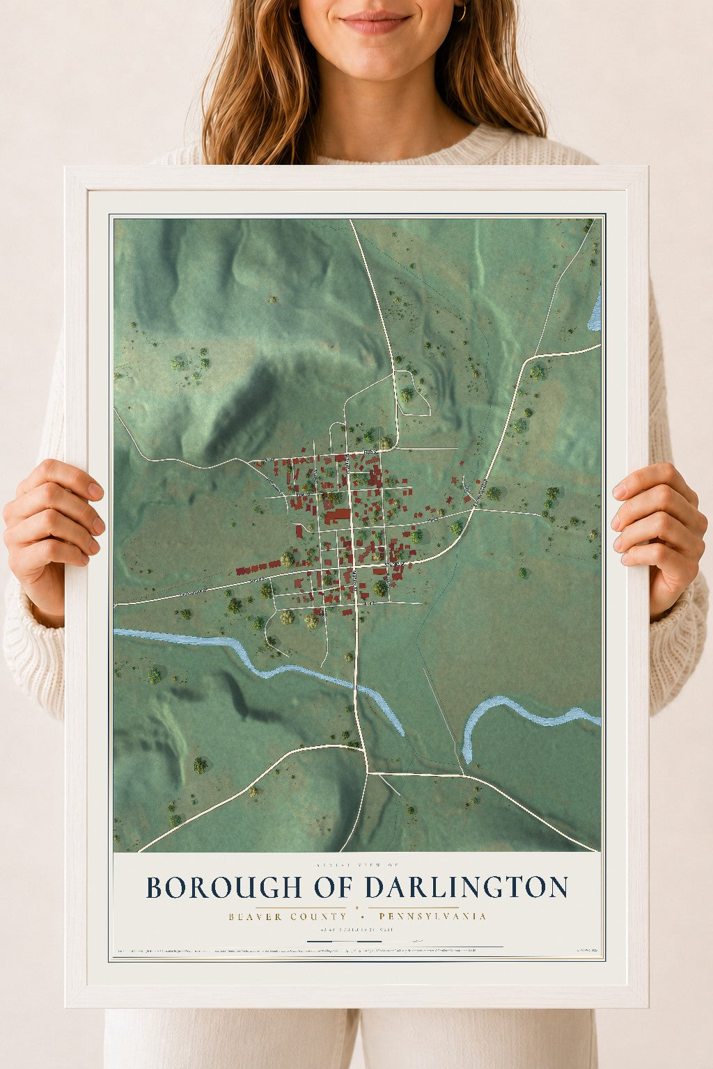 Map of the Borough of Darlington, Beaver County, Pennsylvania, 18 x 24 inch print in a white wood frame