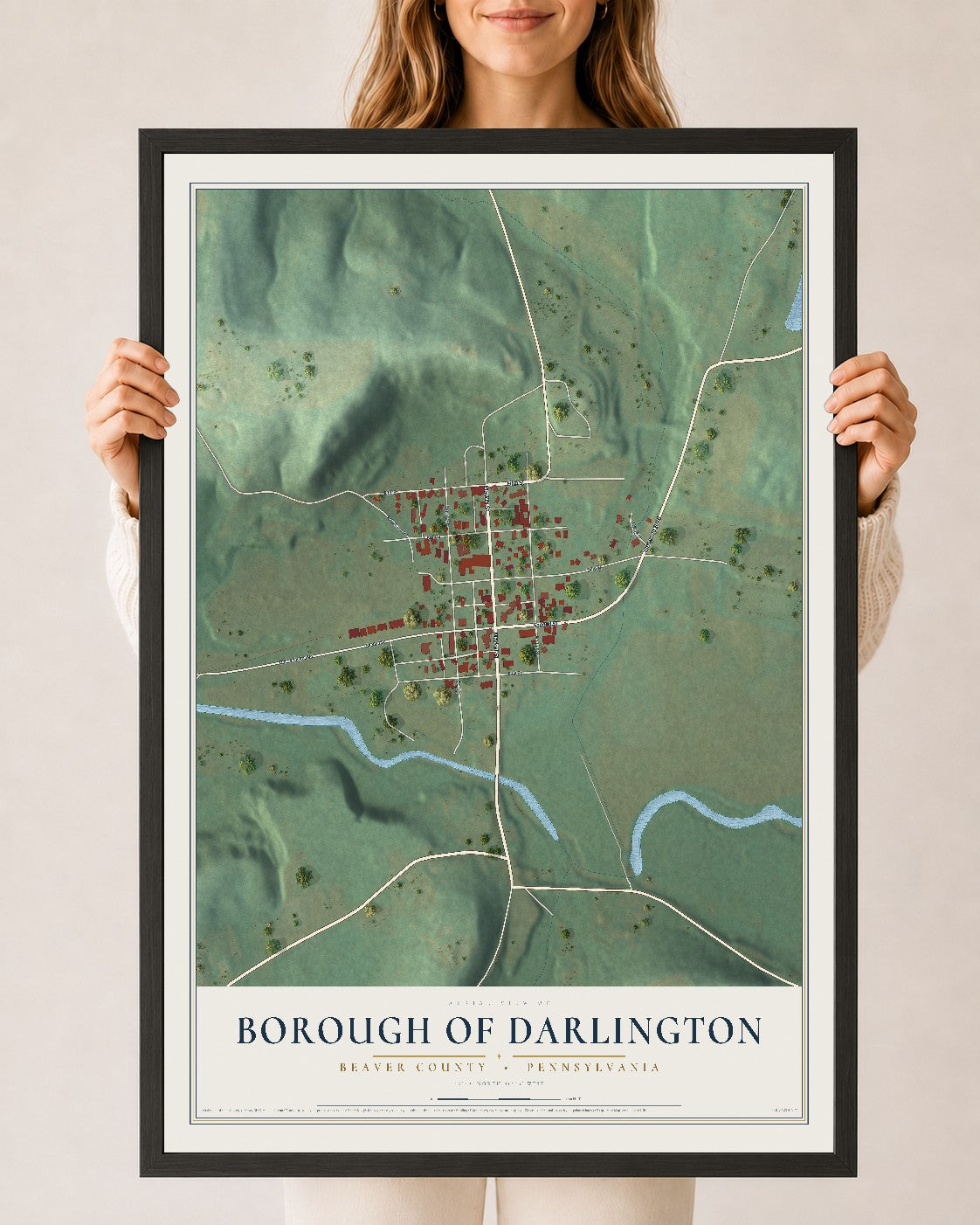Map of the Borough of Darlington, Beaver County, Pennsylvania, 24 x 36 inch print in a black wood frame