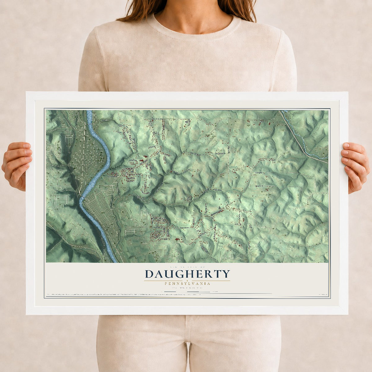 Map of Daugherty, Pennsylvania, 12 x 18 inch print in a white wood frame