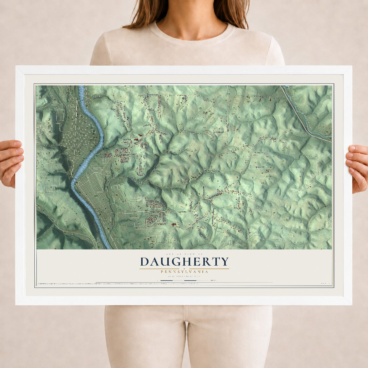 Map of Daugherty, Pennsylvania, 18 x 24 inch print in a white wood frame