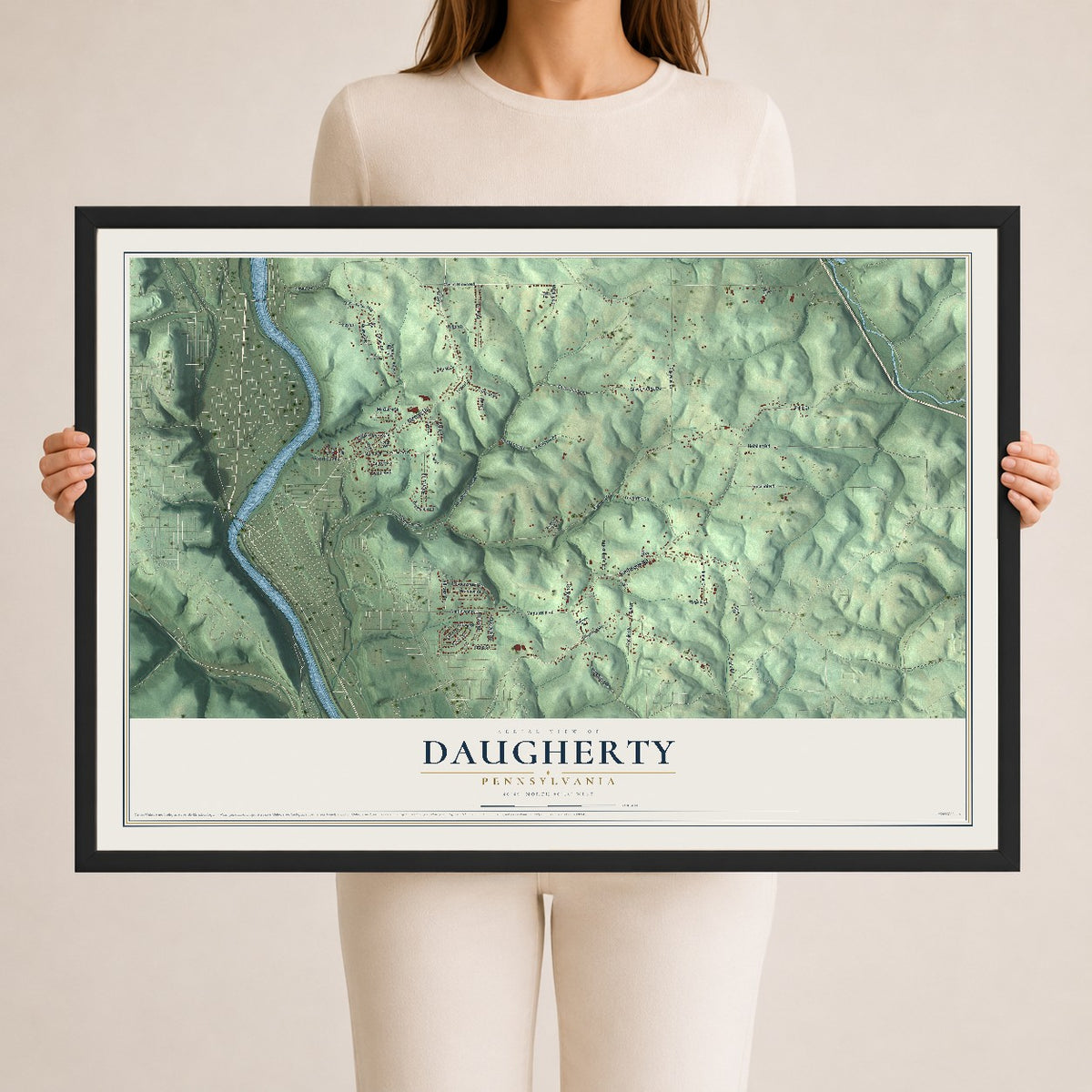 Map of Daugherty, Pennsylvania, 24 x 36 inch print in a black wood frame
