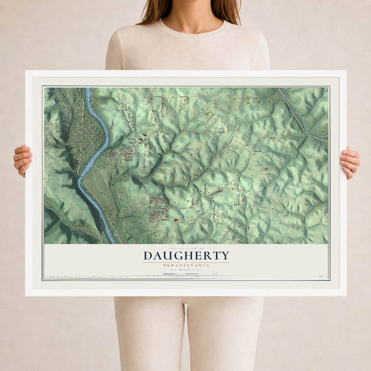 Map of Daugherty, Pennsylvania, 24 x 36 inch print in a white wood frame