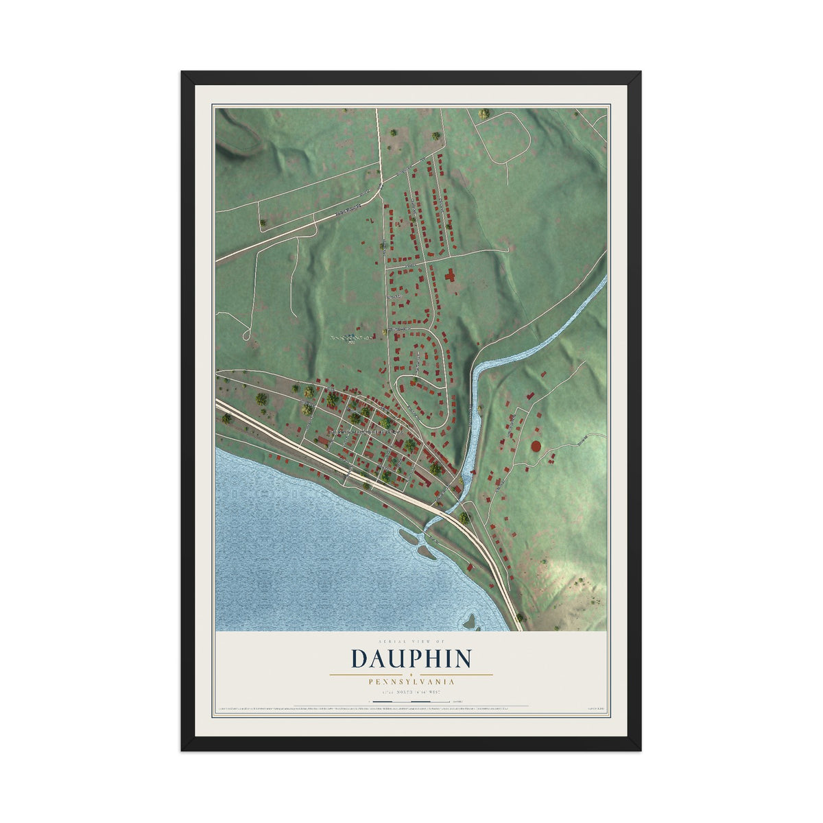 Map of Dauphin, Pennsylvania, 12 x 18 inch print in a black wood frame