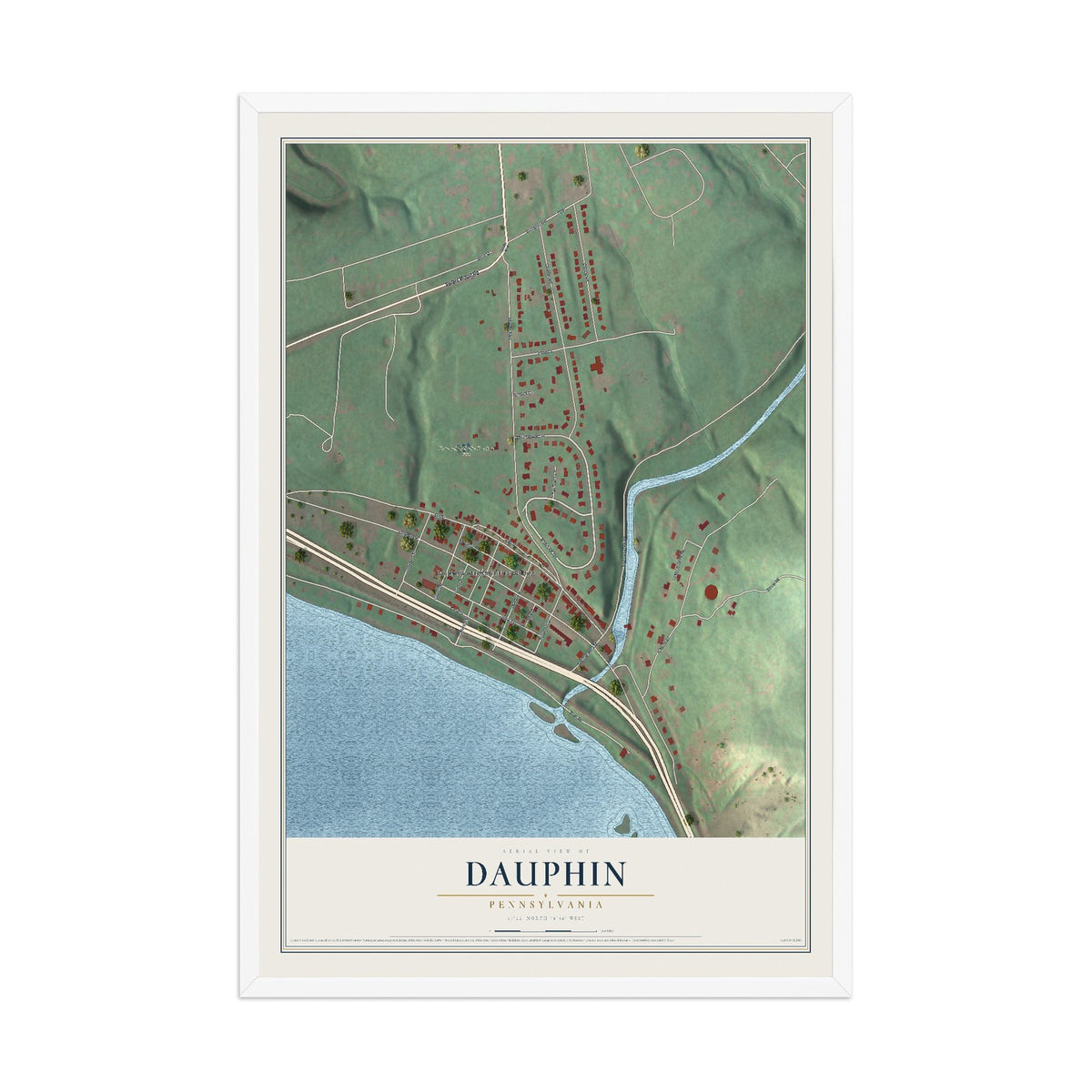 Map of Dauphin, Pennsylvania, 12 x 18 inch print in a white wood frame