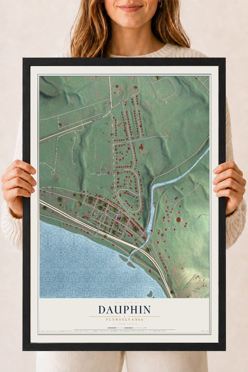 Map of Dauphin, Pennsylvania, 18 x 24 inch print in a black wood frame