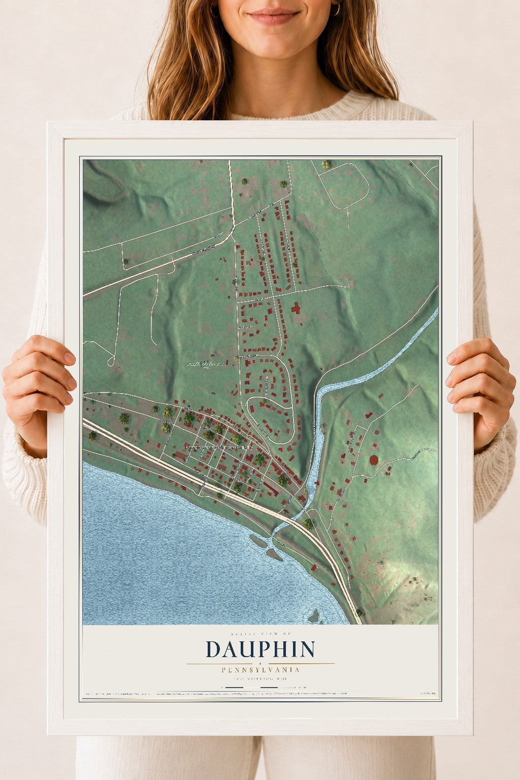 Map of Dauphin, Pennsylvania, 18 x 24 inch print in a white wood frame