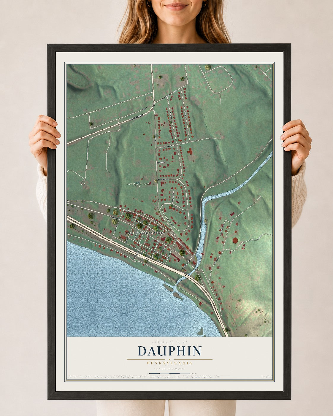Map of Dauphin, Pennsylvania, 24 x 36 inch print in a black wood frame