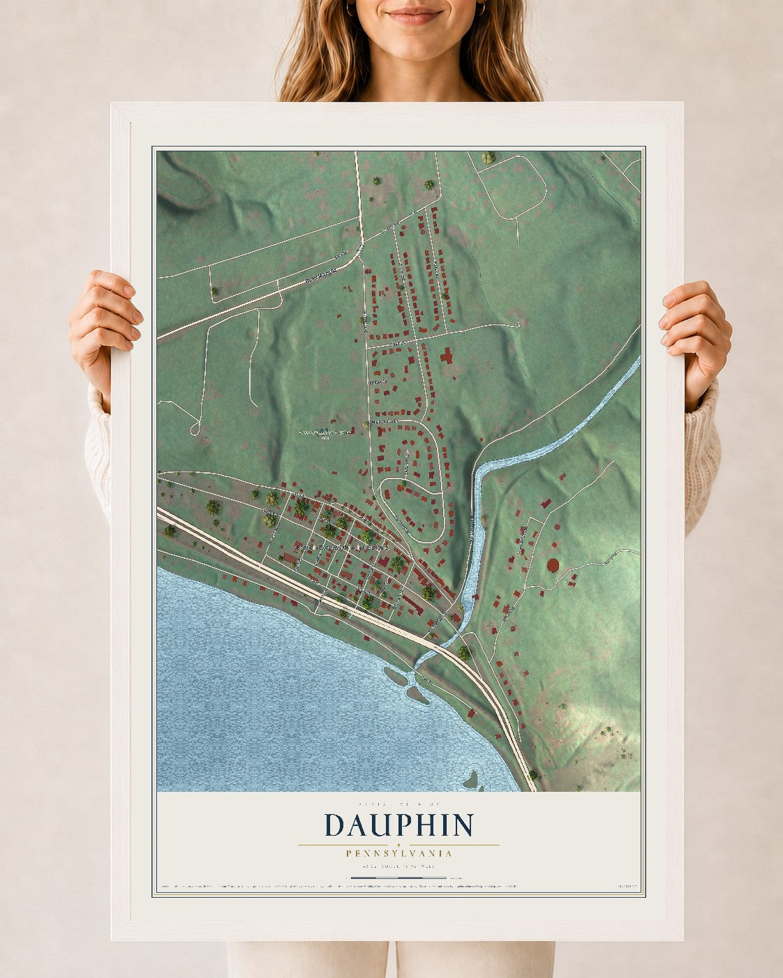 Map of Dauphin, Pennsylvania, 24 x 36 inch print in a white wood frame