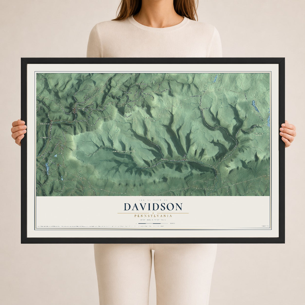 Map of Davidson, Pennsylvania, 24 x 36 inch print in a black wood frame