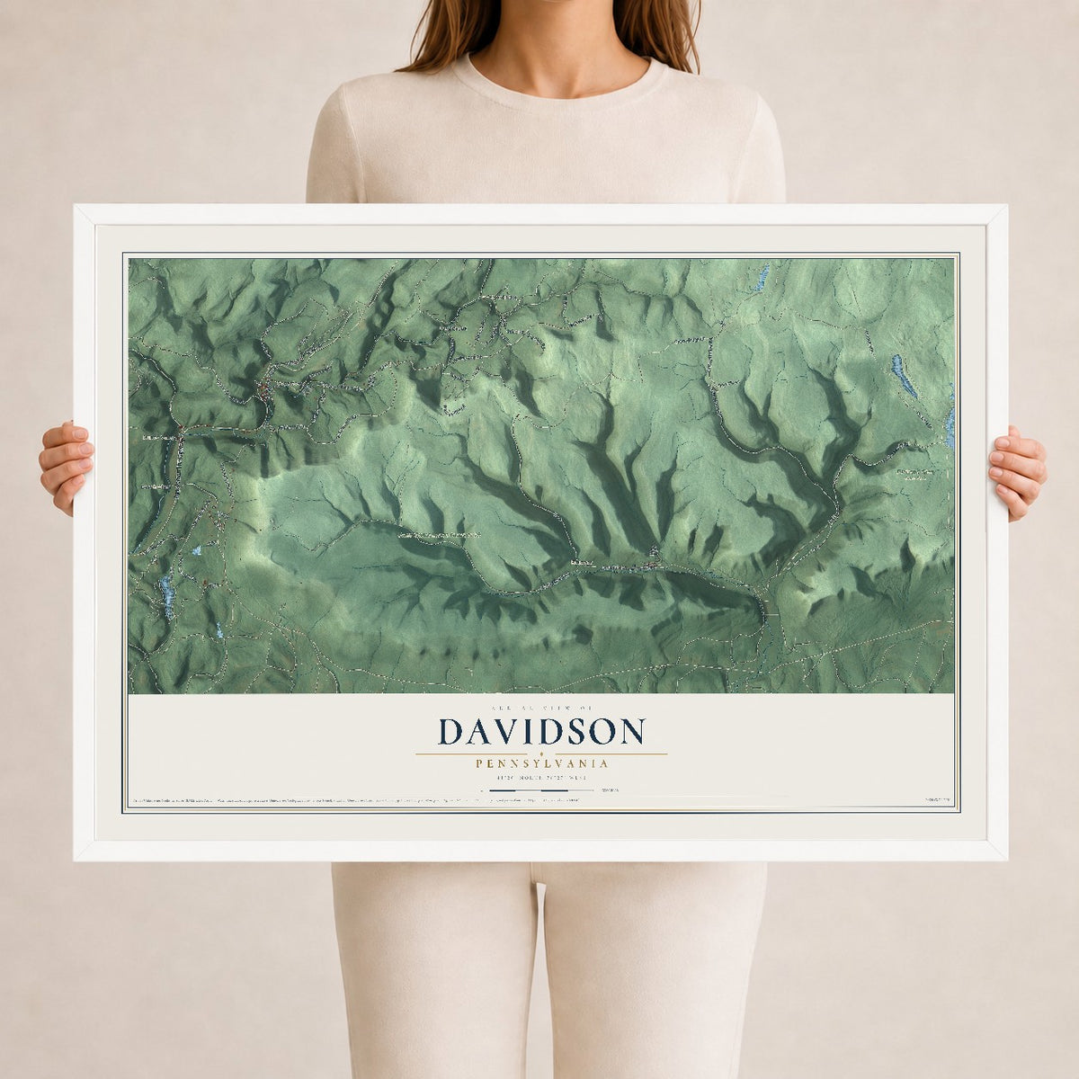 Map of Davidson, Pennsylvania, 24 x 36 inch print in a white wood frame