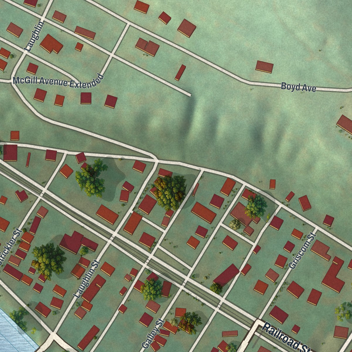 Close-up of the map of Dawson, Pennsylvania print showing street and building detail