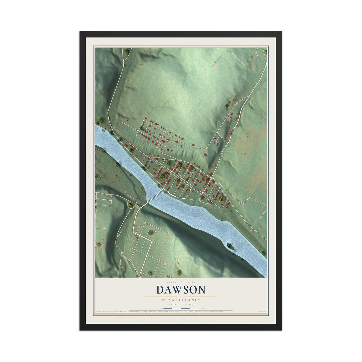 Map of Dawson, Pennsylvania, 12 x 18 inch print in a black wood frame