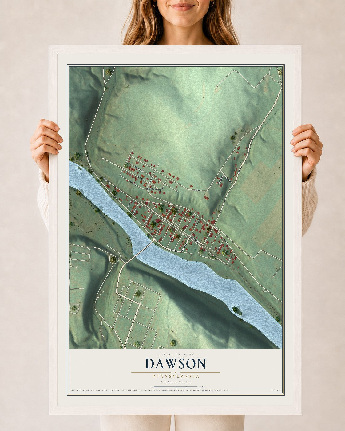 Map of Dawson, Pennsylvania, 24 x 36 inch print in a white wood frame