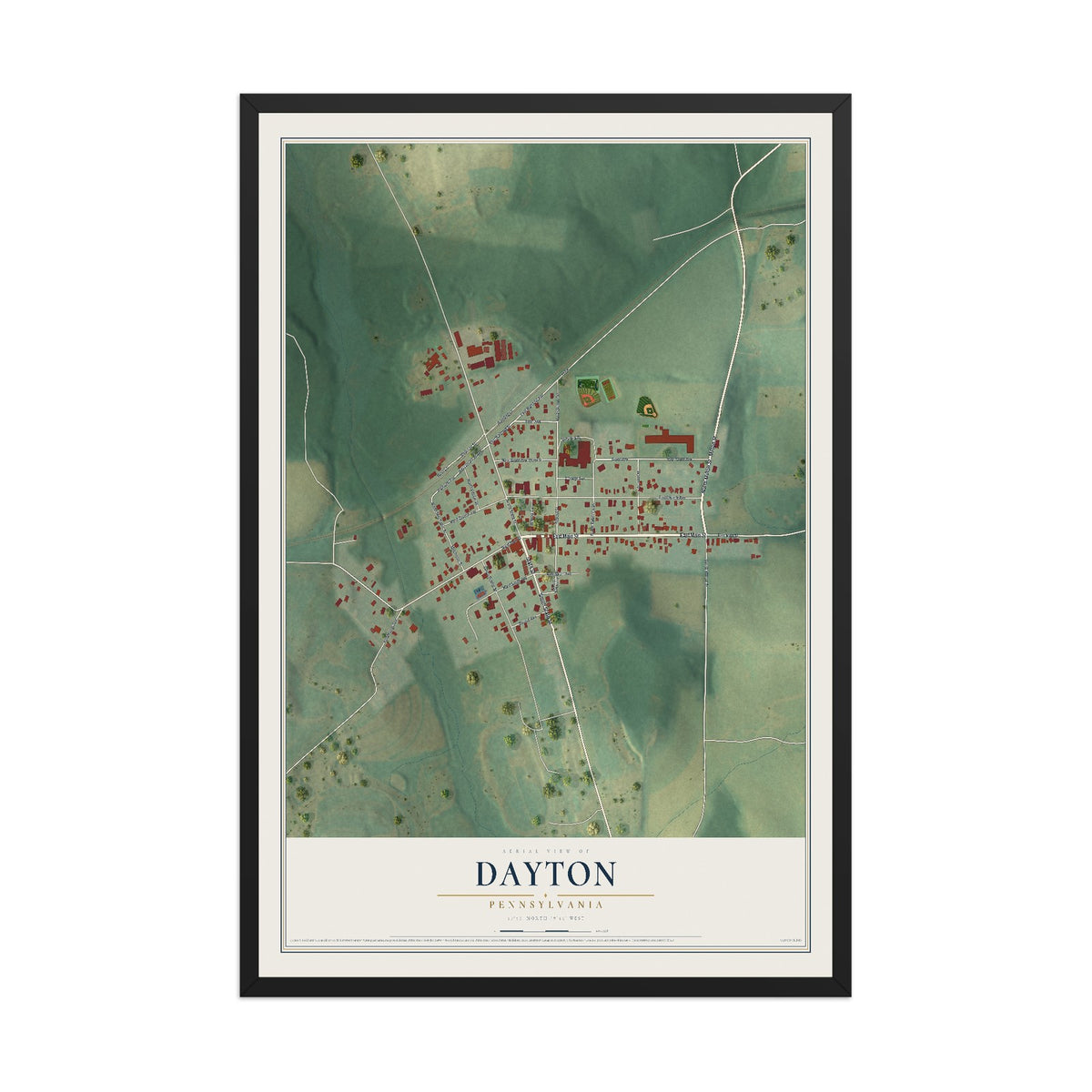 Map of Dayton, Pennsylvania, 12 x 18 inch print in a black wood frame