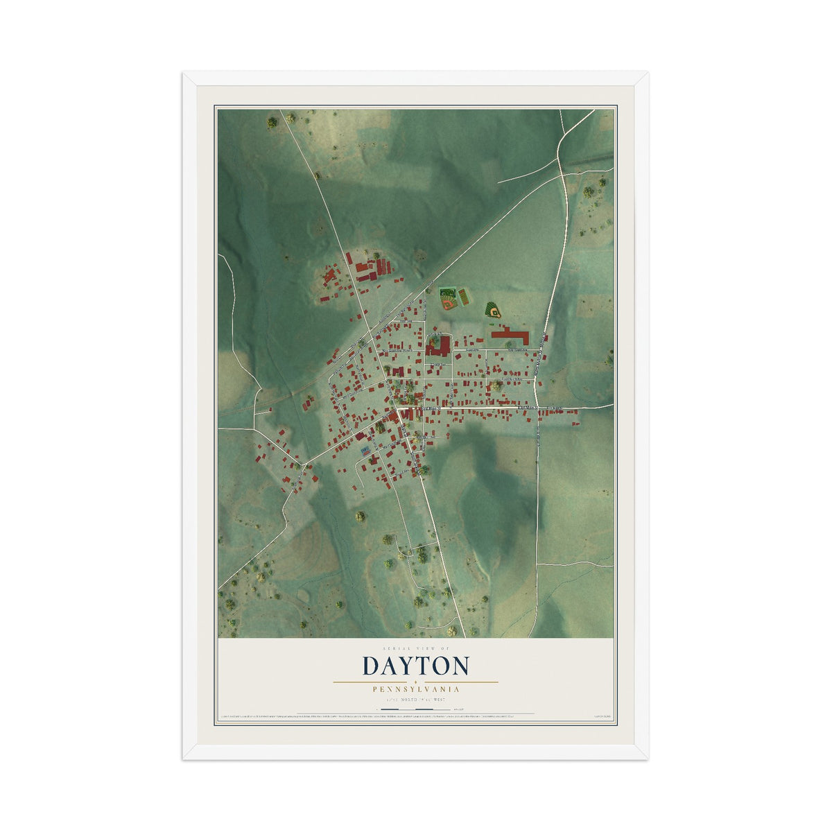 Map of Dayton, Pennsylvania, 12 x 18 inch print in a white wood frame