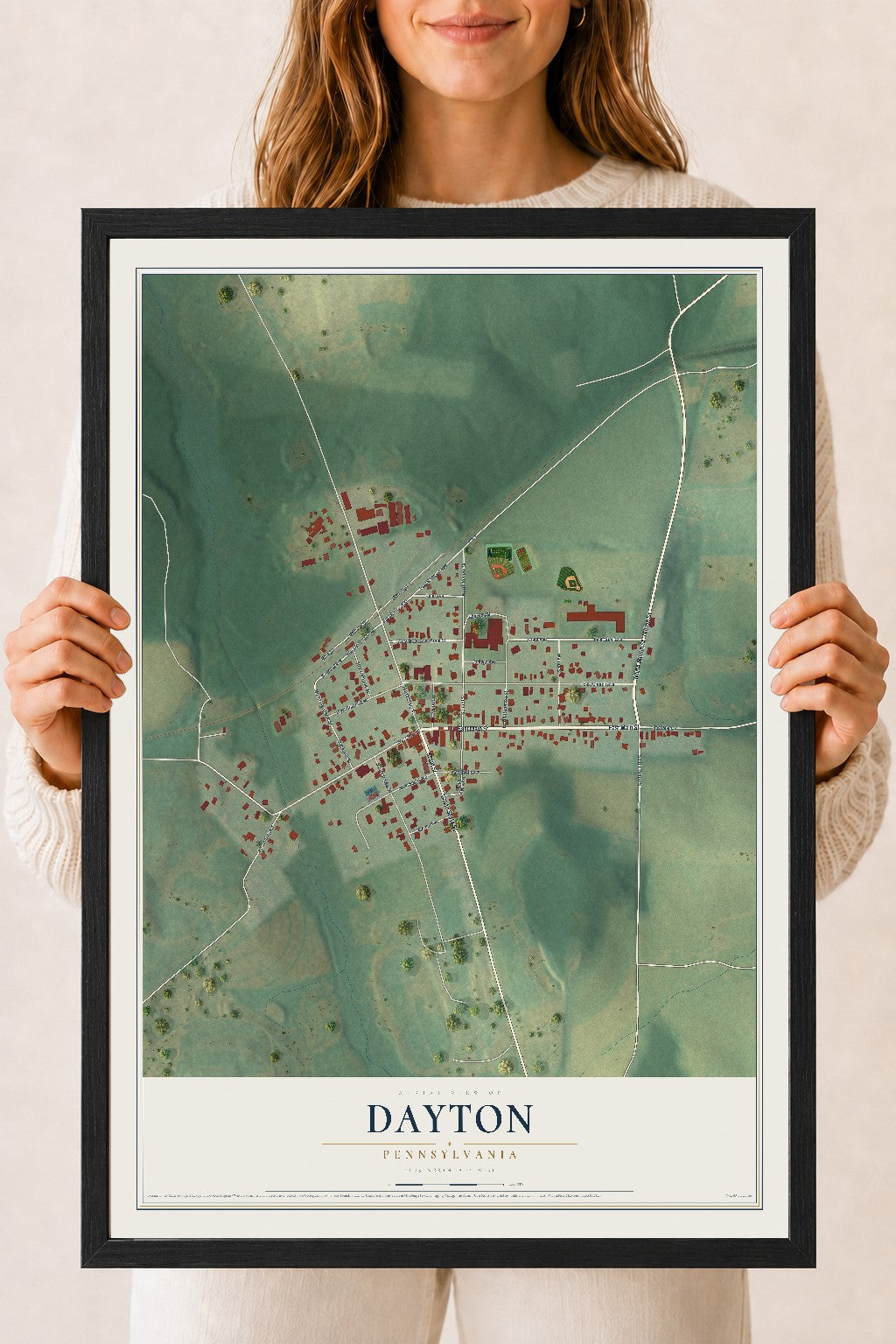 Map of Dayton, Pennsylvania, 18 x 24 inch print in a black wood frame
