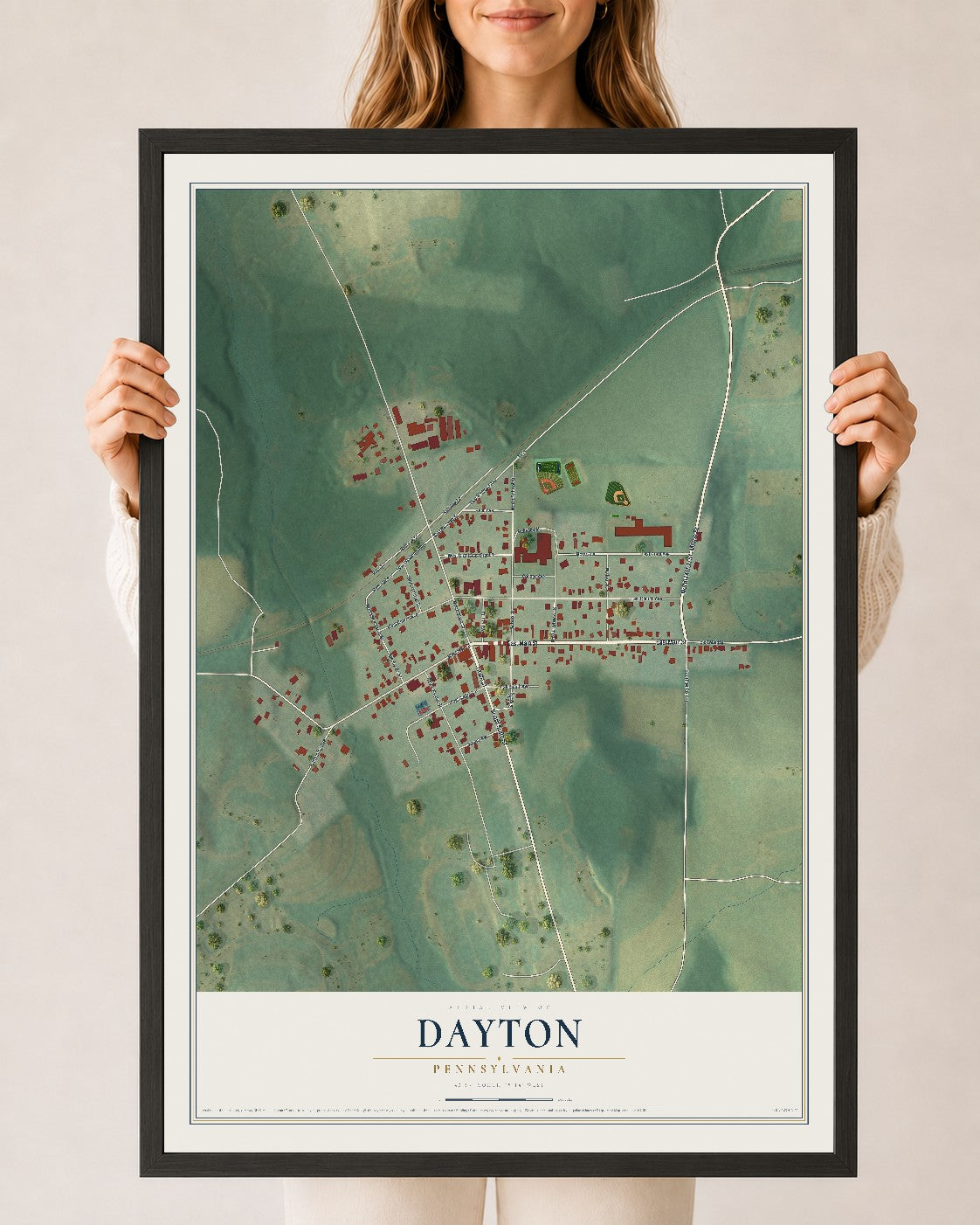 Map of Dayton, Pennsylvania, 24 x 36 inch print in a black wood frame