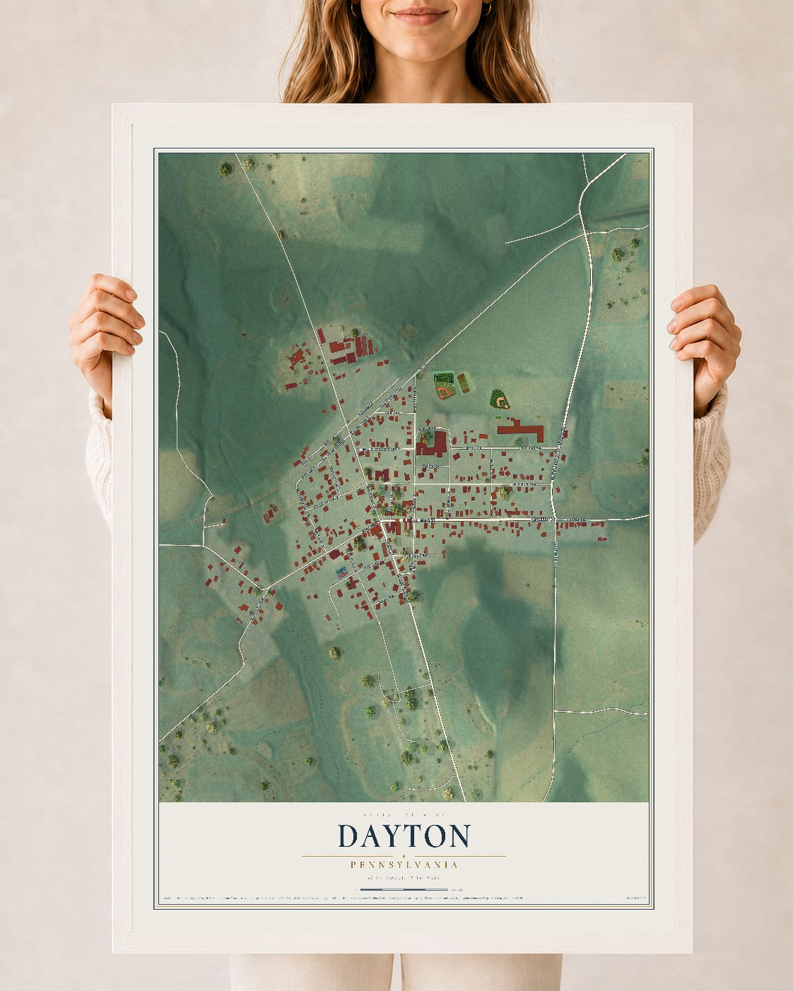 Map of Dayton, Pennsylvania, 24 x 36 inch print in a white wood frame