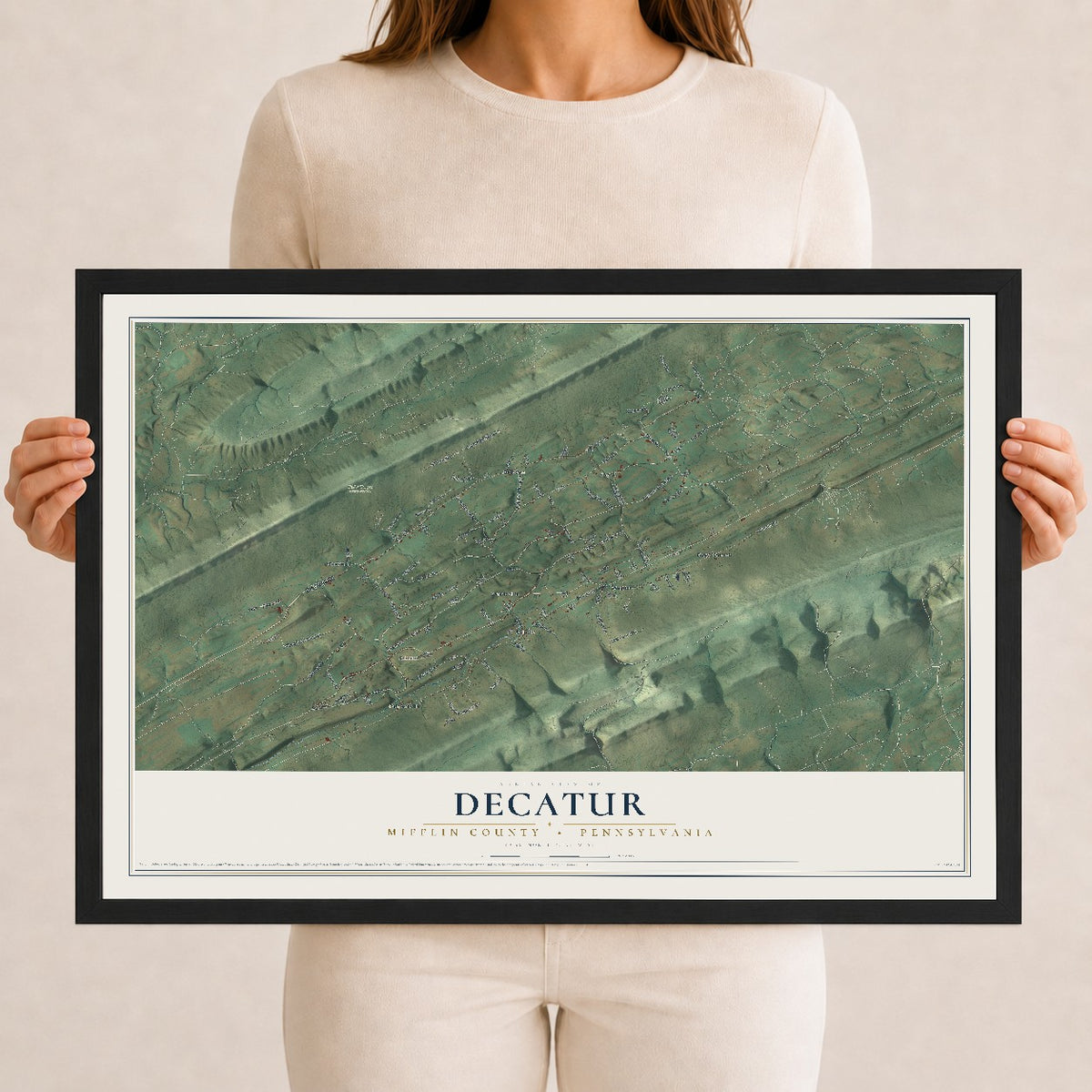 Map of Decatur, Mifflin County, Pennsylvania, 12 x 18 inch print in a black wood frame