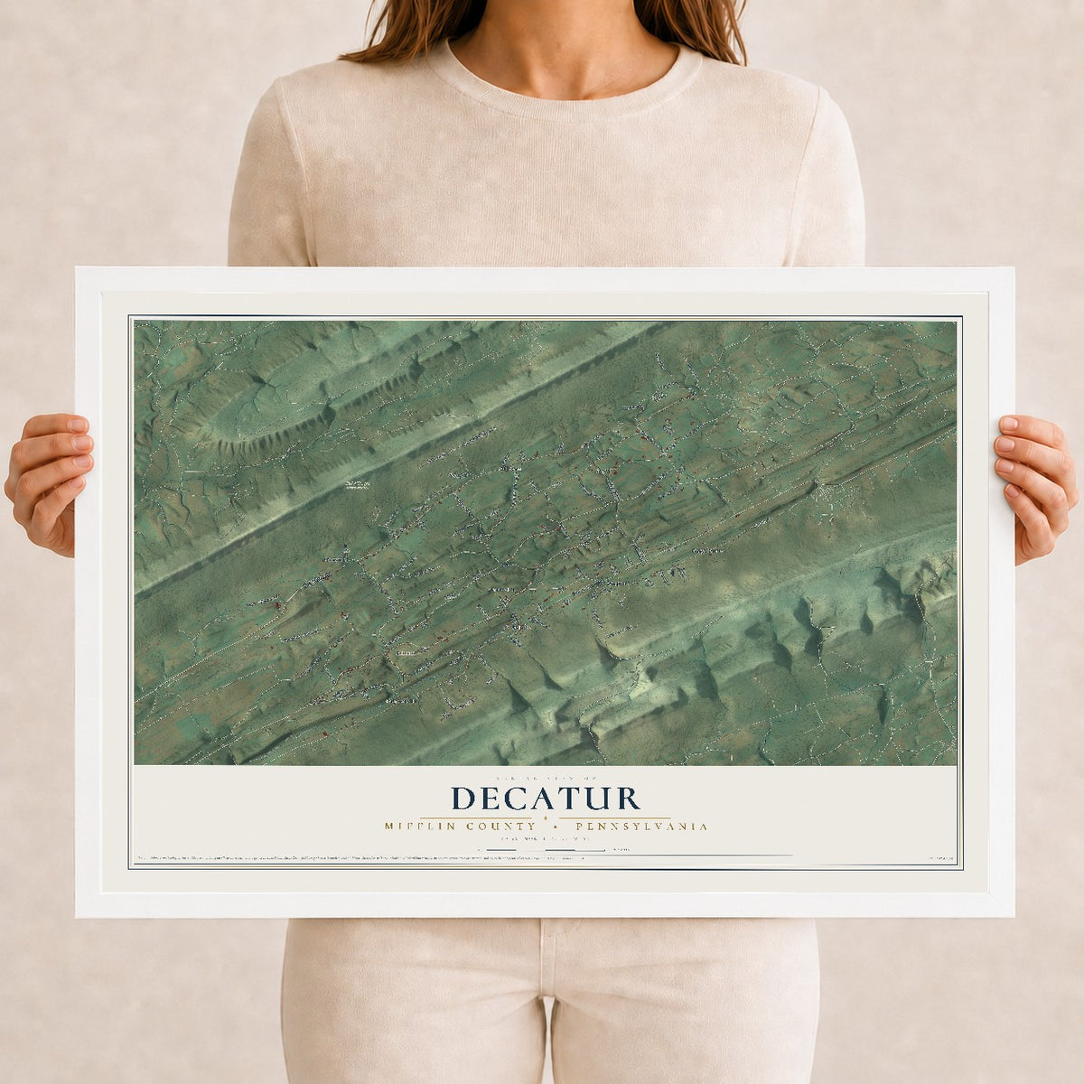 Map of Decatur, Mifflin County, Pennsylvania, 12 x 18 inch print in a white wood frame