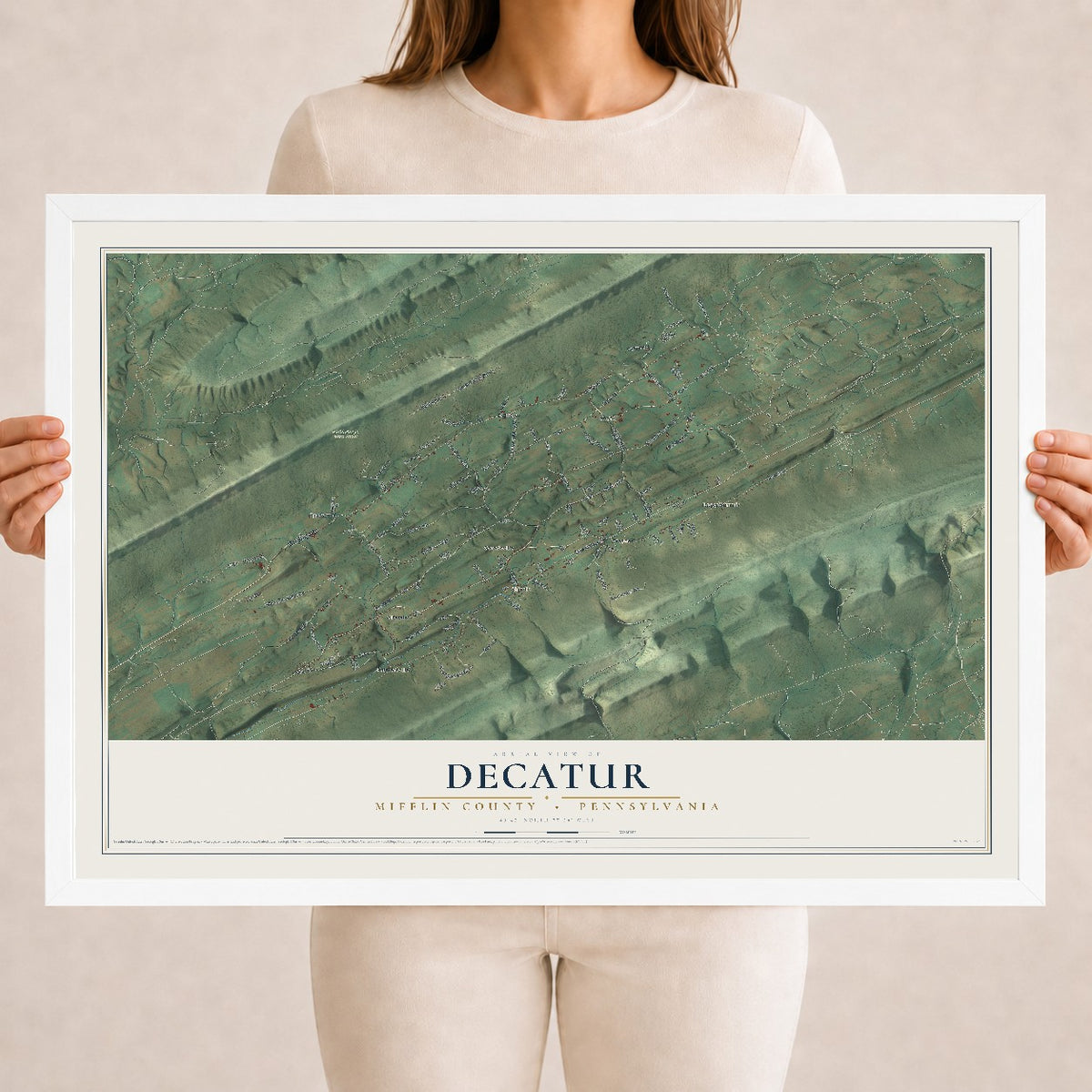 Map of Decatur, Mifflin County, Pennsylvania, 18 x 24 inch print in a white wood frame