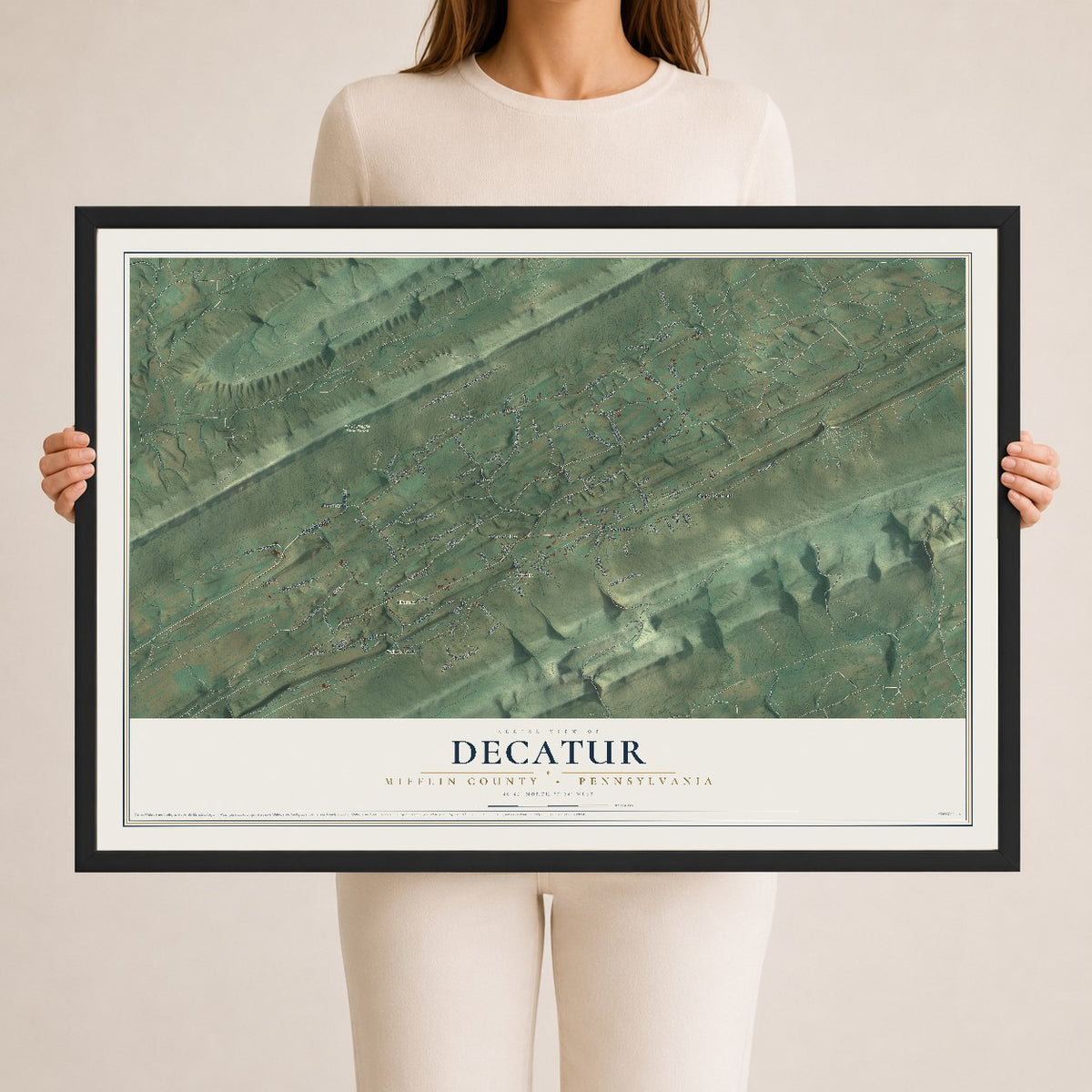 Map of Decatur, Mifflin County, Pennsylvania, 24 x 36 inch print in a black wood frame