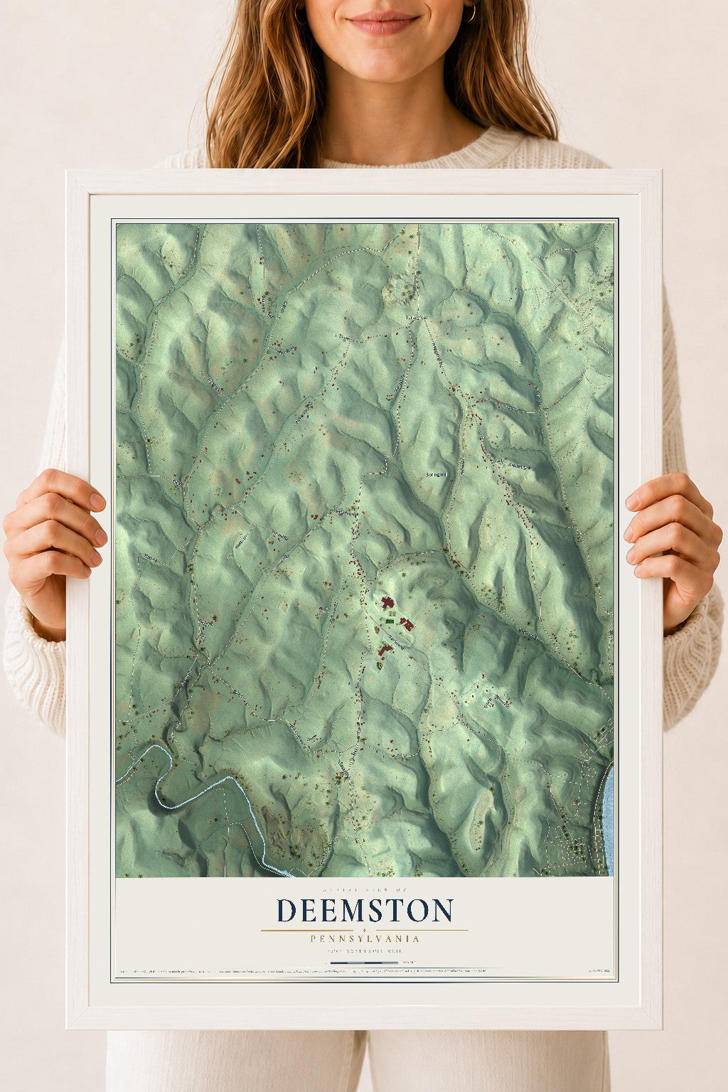 Map of Deemston, Pennsylvania, 18 x 24 inch print in a white wood frame