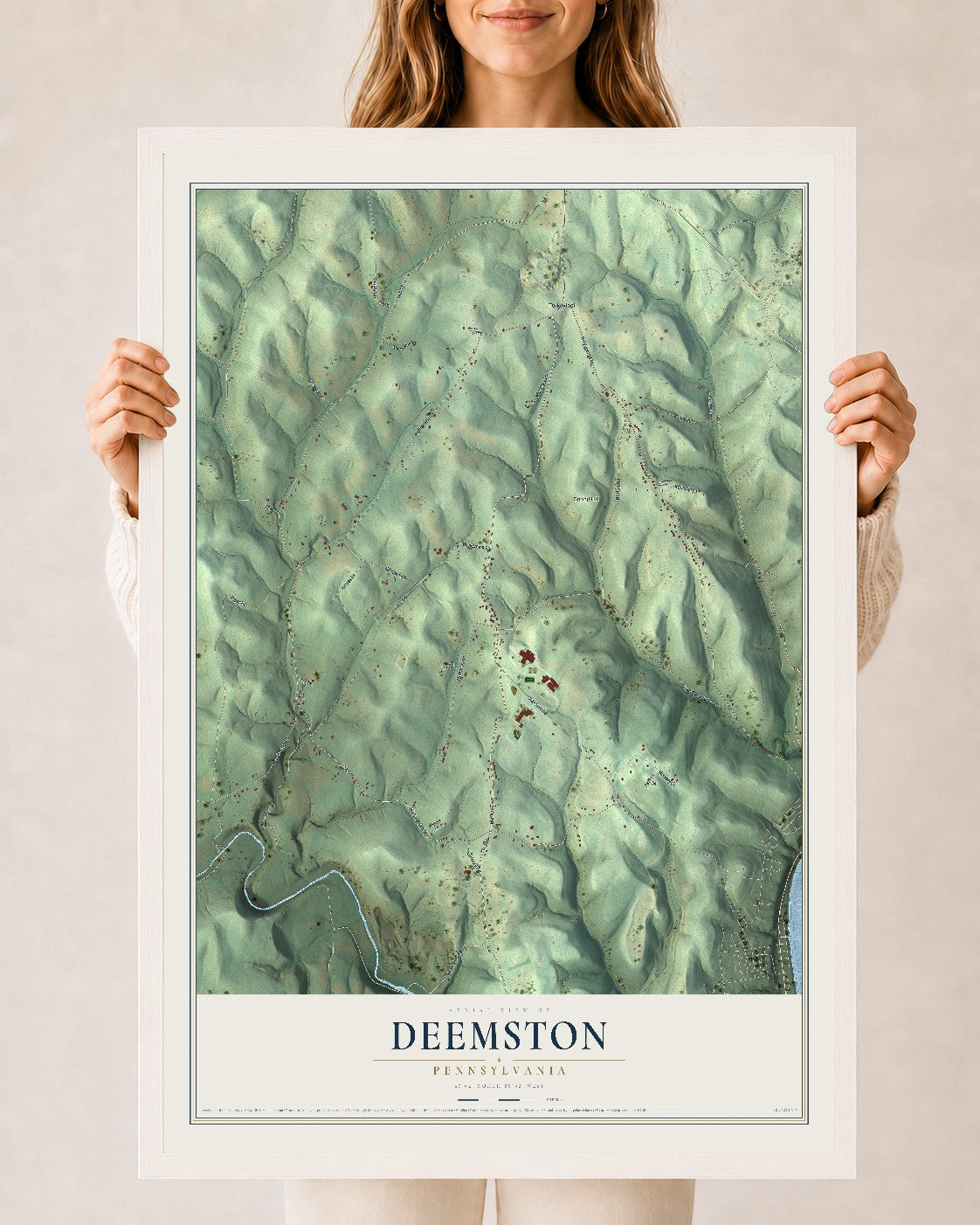 Map of Deemston, Pennsylvania, 24 x 36 inch print in a white wood frame